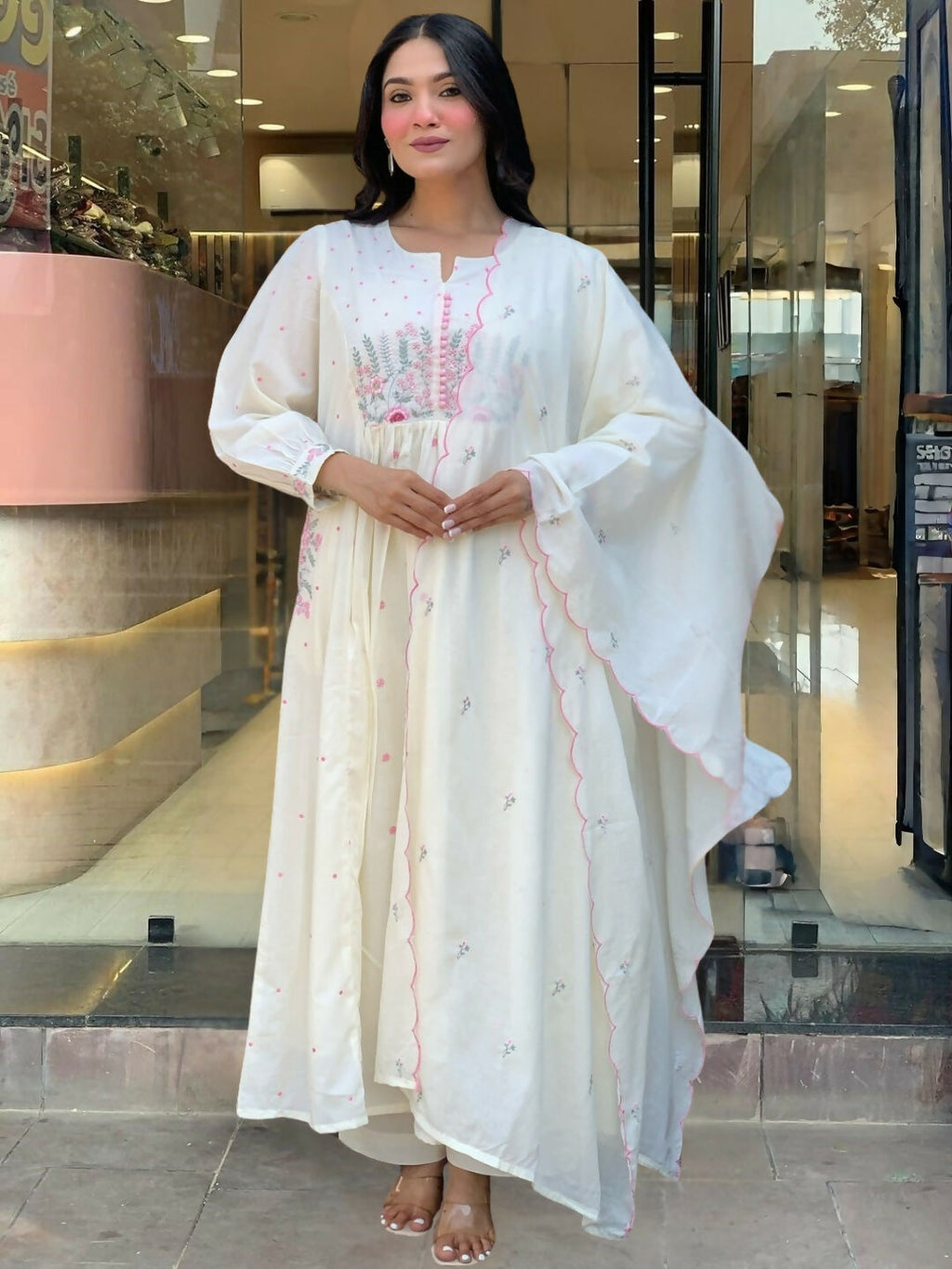 The52 White Women's Beautiful Cotton Fabric Thread Work Straight Kurta Pant and Dupatta Set