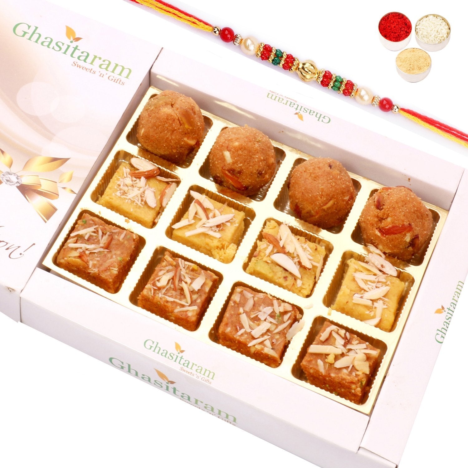 Ghasitaram North Indian Mix in White Box With Pearl Beads Rakhi