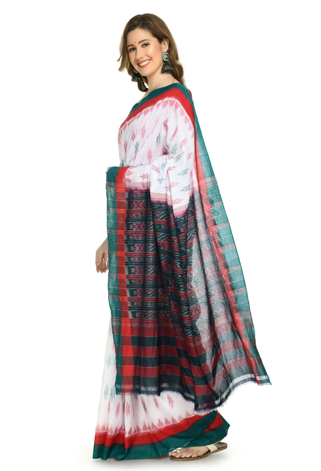 Vamika Sambalpuri Ikat Cotton Dehabandha White, Red & Green Saree
