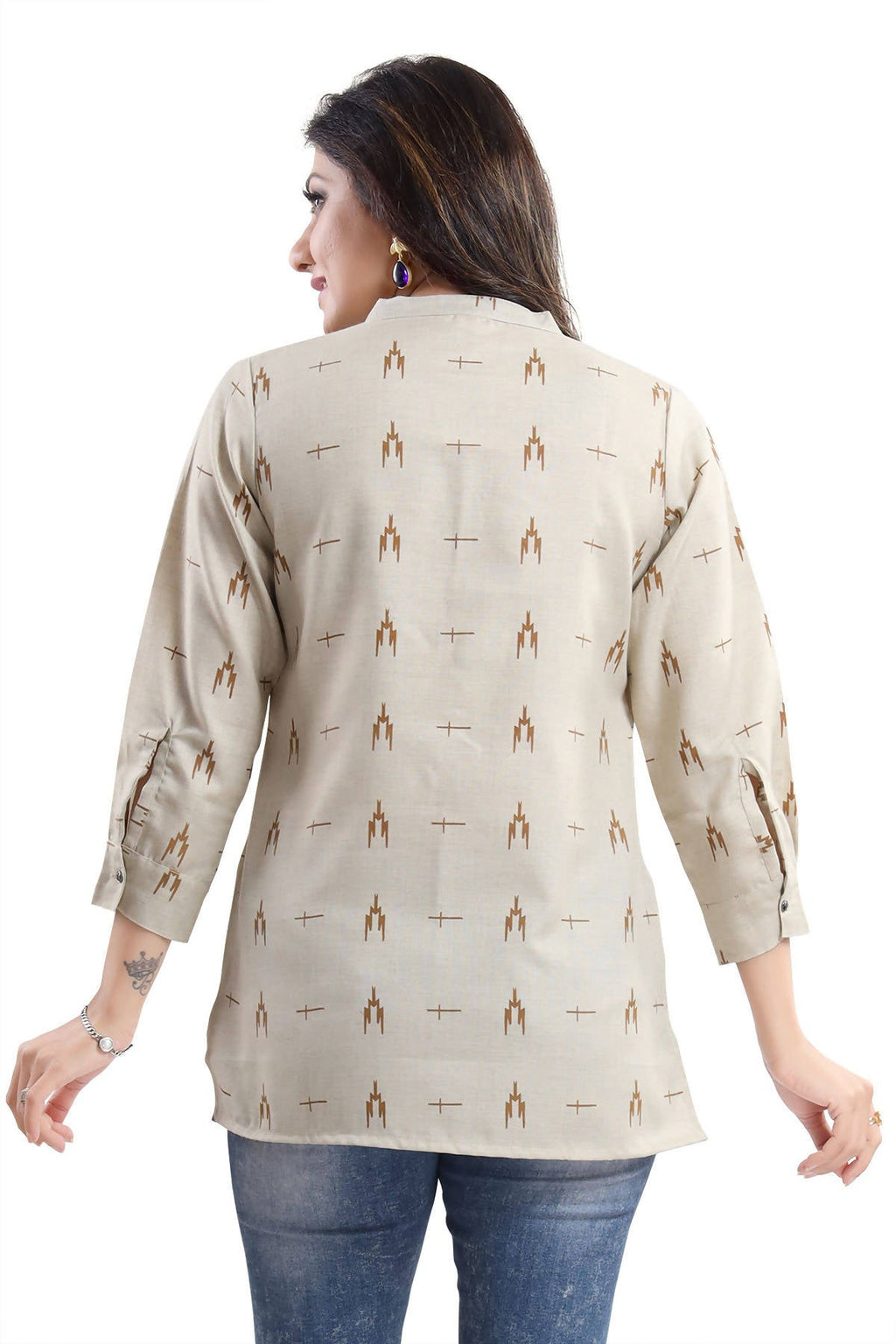 Snehal Creations Beige Cotton Blended Casual Short Tunic Top