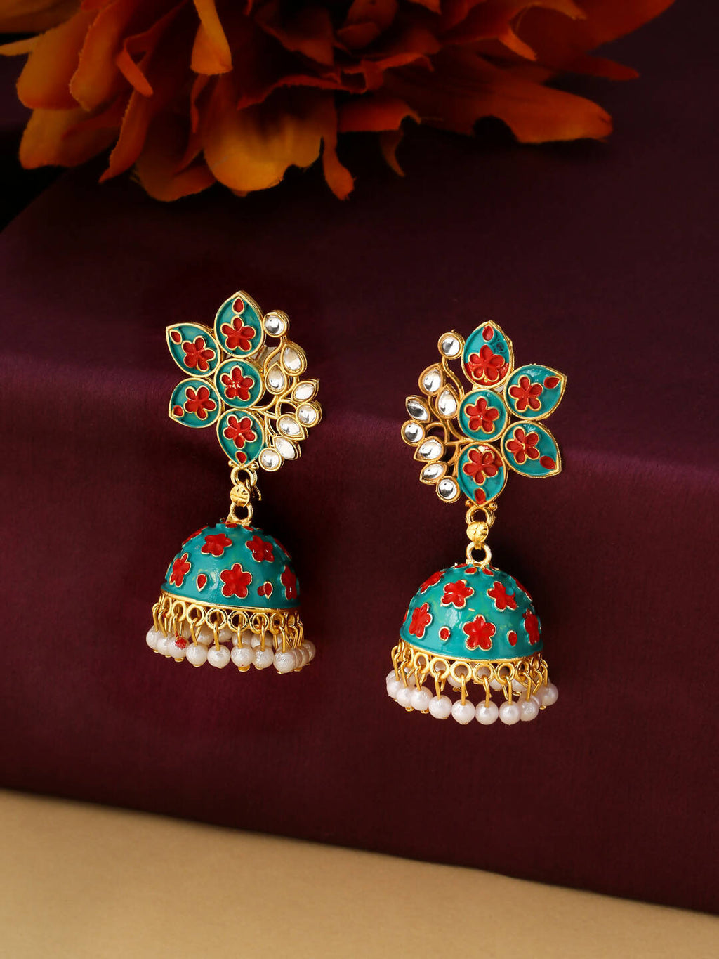 NVR Women Green Dome Shaped Jhumka Earrings