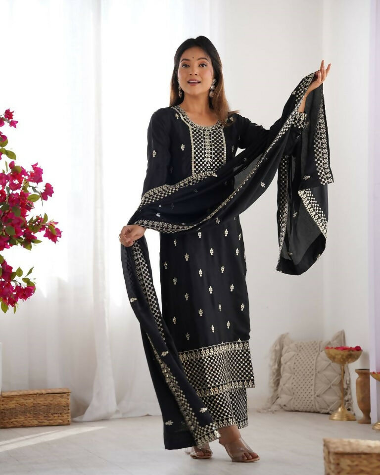 Teeya Creation Black Color Pure Chinnon Silk Embroidery Work Functional Wear Salwar Suit