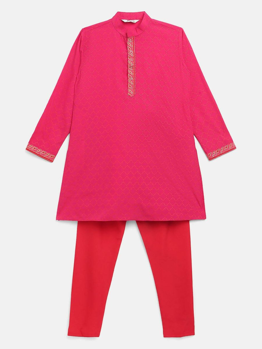 Ahalyaa Pink Crepe Orange Khari Print Kids Kurta Churidar Set For Boys