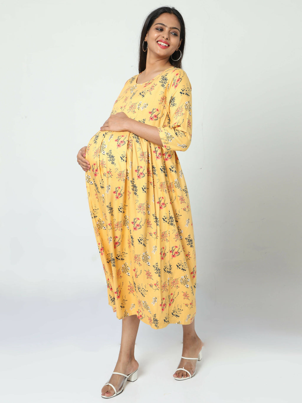 Manet Three Fourth Maternity Dress Floral Print With Concealed Zipper Nursing Access - Yellow