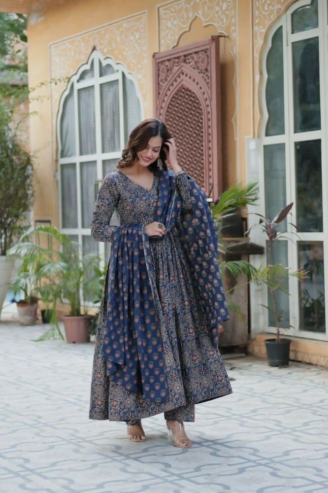 Vastranavya Navy Blue Pure Cotton Printed Top with Pant & Dupatta Set