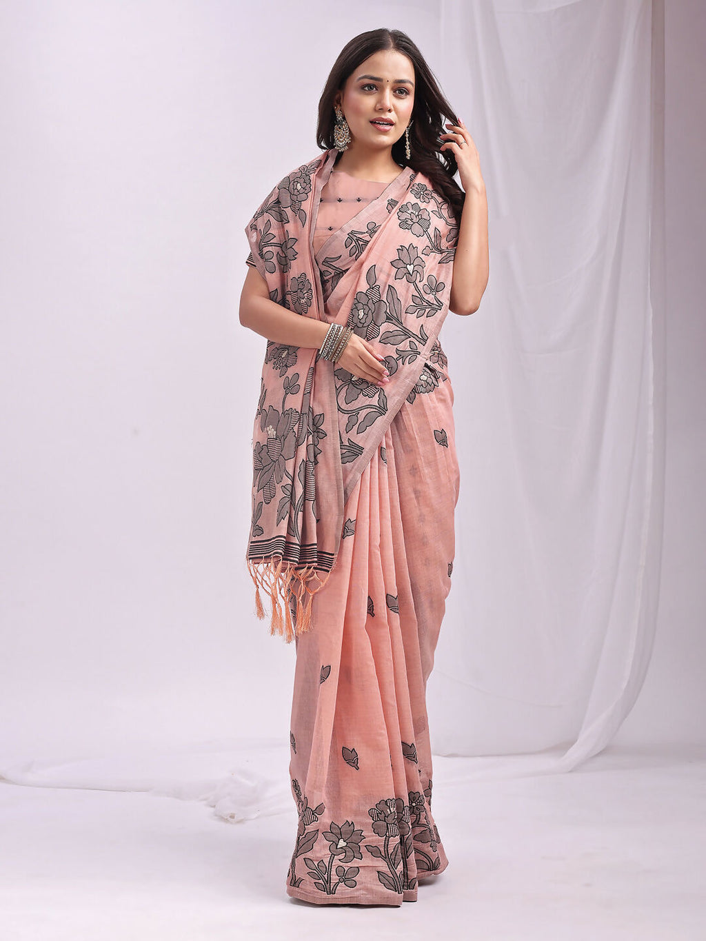 Shree Shyam Fashion Kashira Peach Linen Cotton Saree