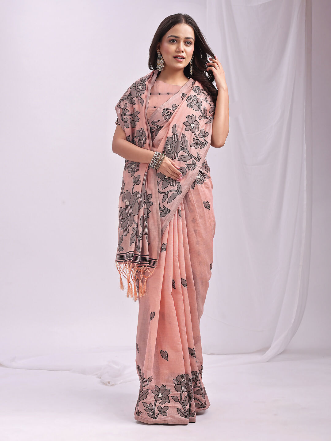 Shree Shyam Fashion Kashira Peach Linen Cotton Saree