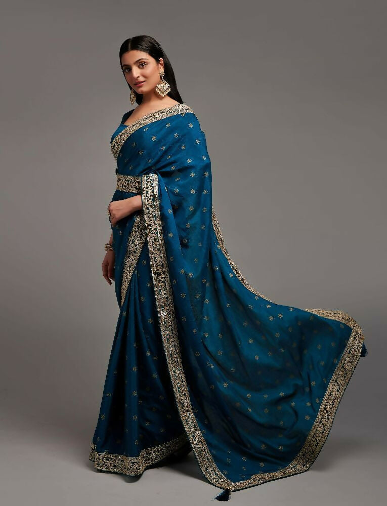 PR Fashion Petrol Chinon Embroidery Lace Saree