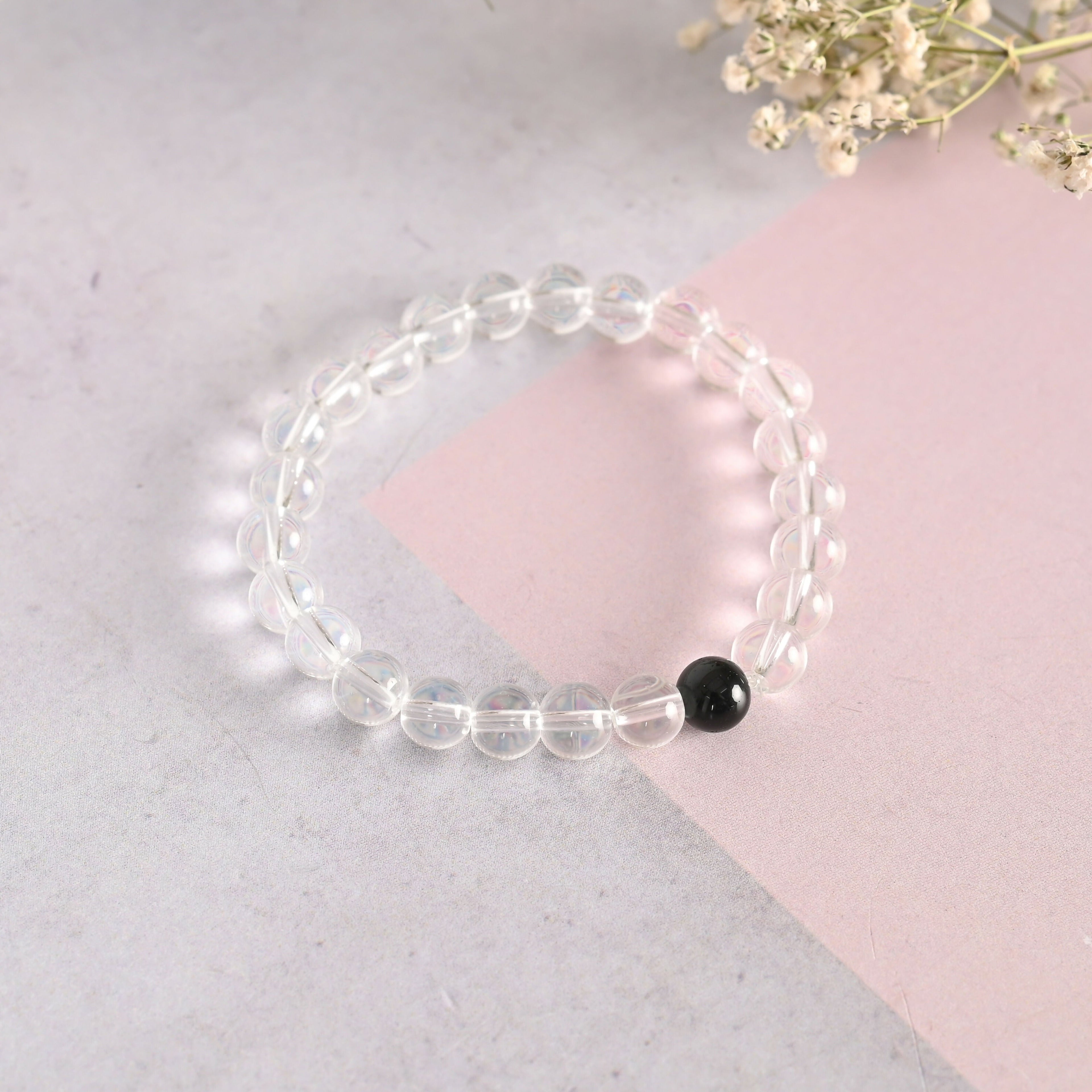 NVR Men & Women Transparent & White & Black Marbel Crystal Elasticated Bracelet