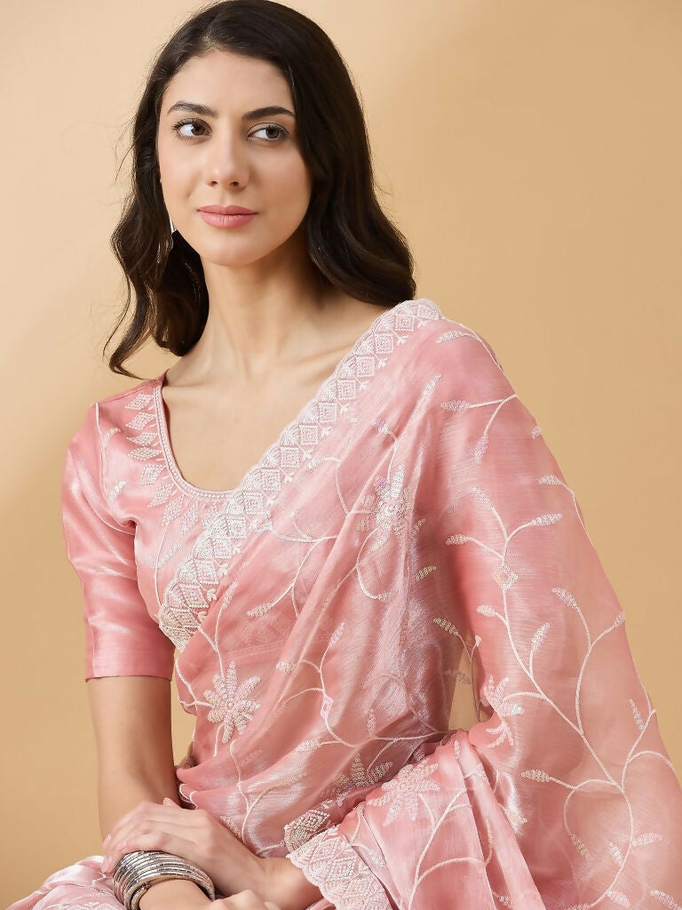 Peach Tissue Slub Embroidered Saree with Unstitched Blouse - Vairagi