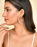 VOJ Women Gold-Polished Studded Beads Stainless Steel Double Circular Hoop Earrings