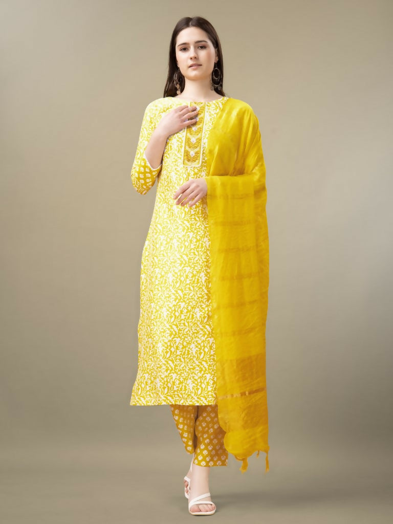 Jyoti Fashion Women's Yellow Rayon Embroidery & Sequence work Kurta with Trouser & Dupatta