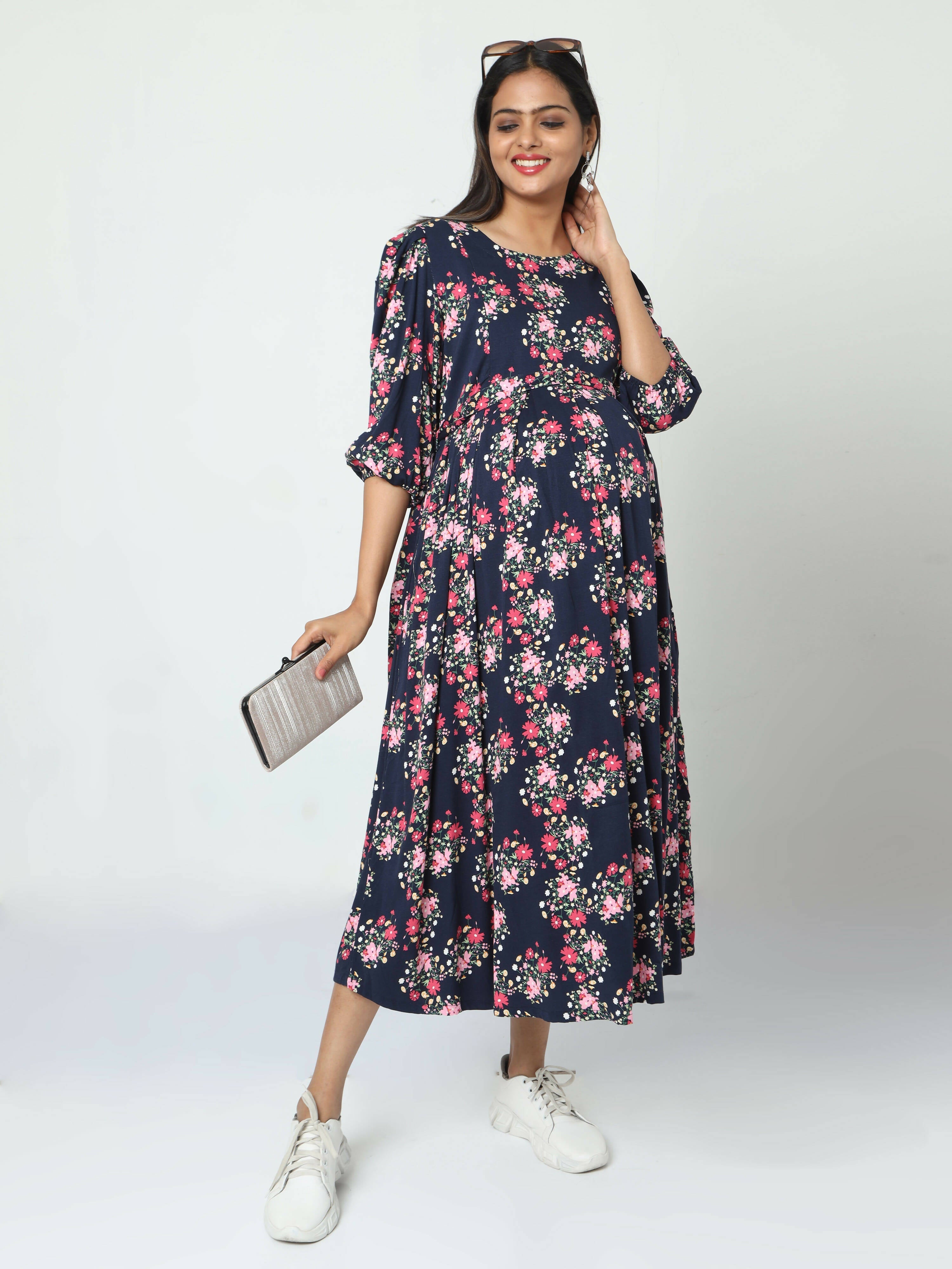 Manet Three Fourth Maternity Dress Floral Print With Concealed Zipper Nursing Access - Navy Blue
