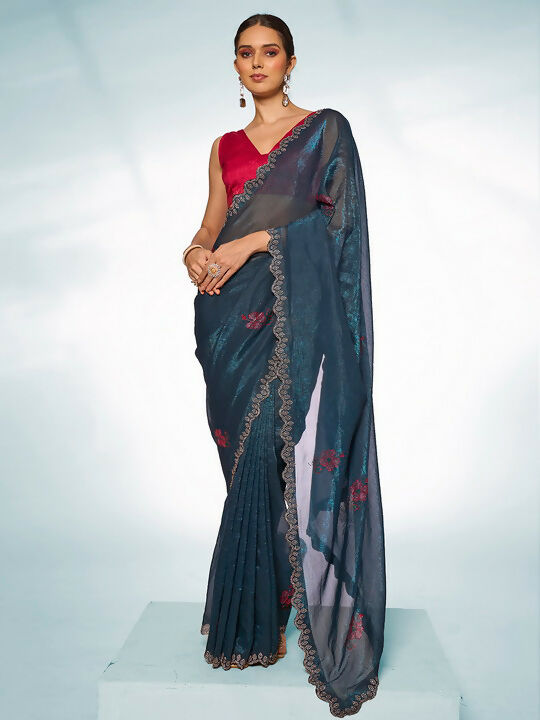 Teal Blue Slub Organza Swarovski Designer Saree - Shezlin