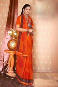 Orange Chiffon Abstract Printed Saree With Unstitched Blouse Piece - Rajal