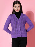 Women Pointelle Purple Acrylic Winter Cardigan - Wool Trees