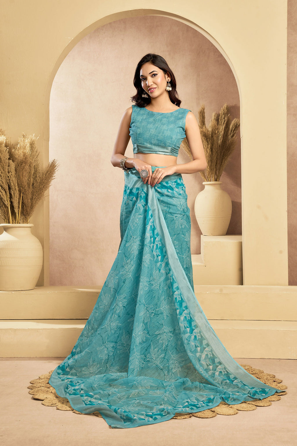 Vastranavya Sky Blue Digital Printed Linen Ready To Wear Designer Saree with Unstitched Blouse