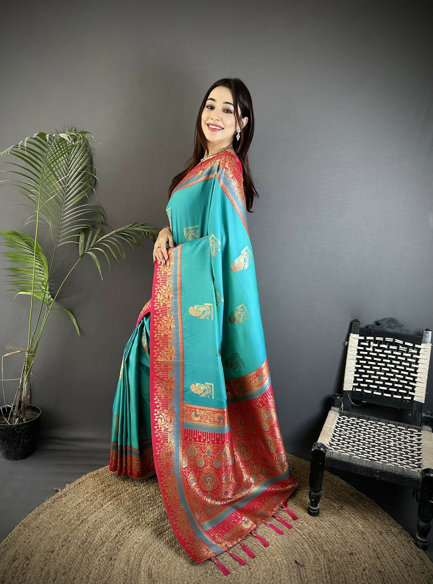 Joban Fashion Aqua Green Banarasi Soft Silk Peacock Butta Work Saree
