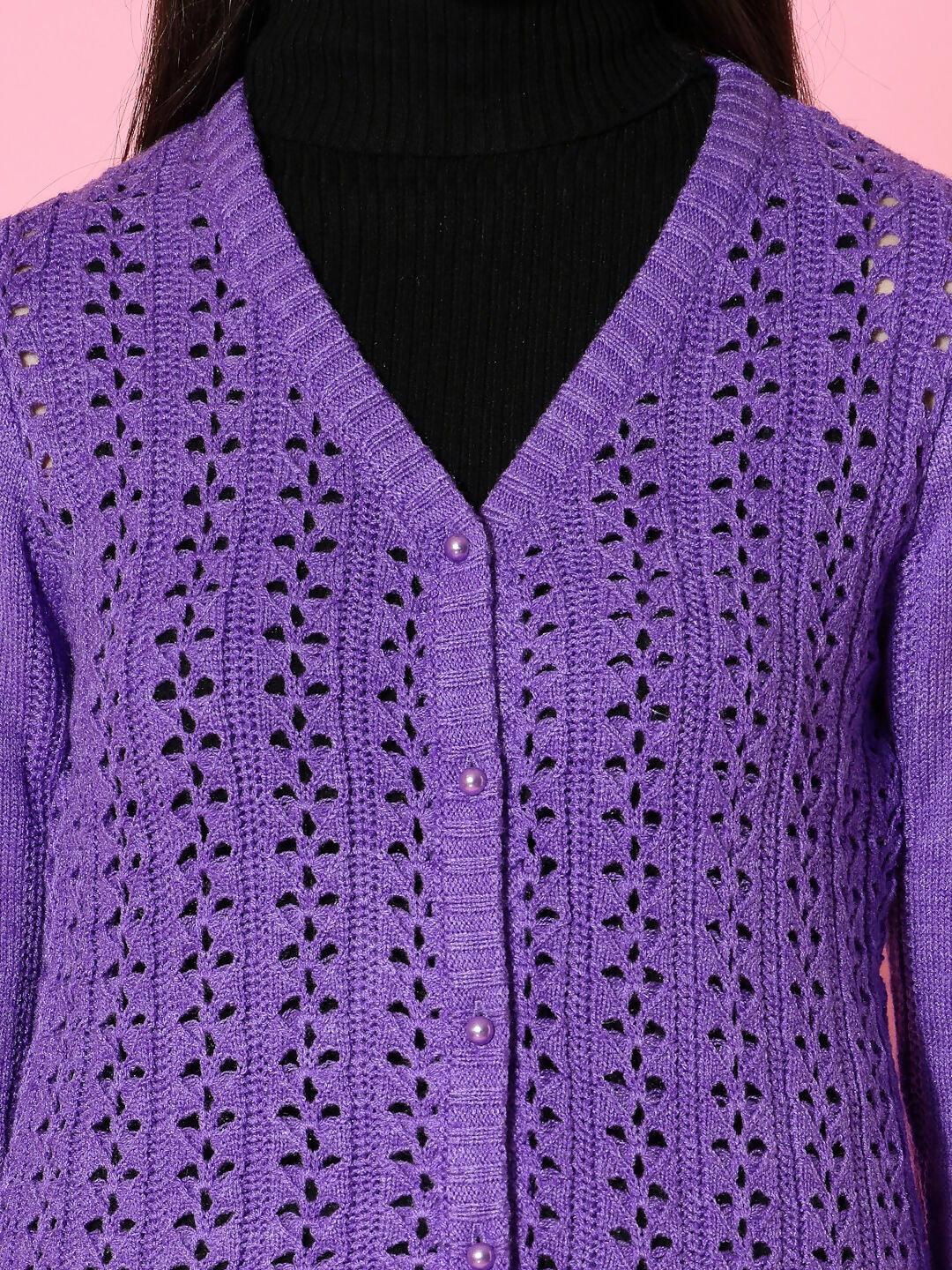 Women Pointelle Purple Acrylic Winter Cardigan - Wool Trees