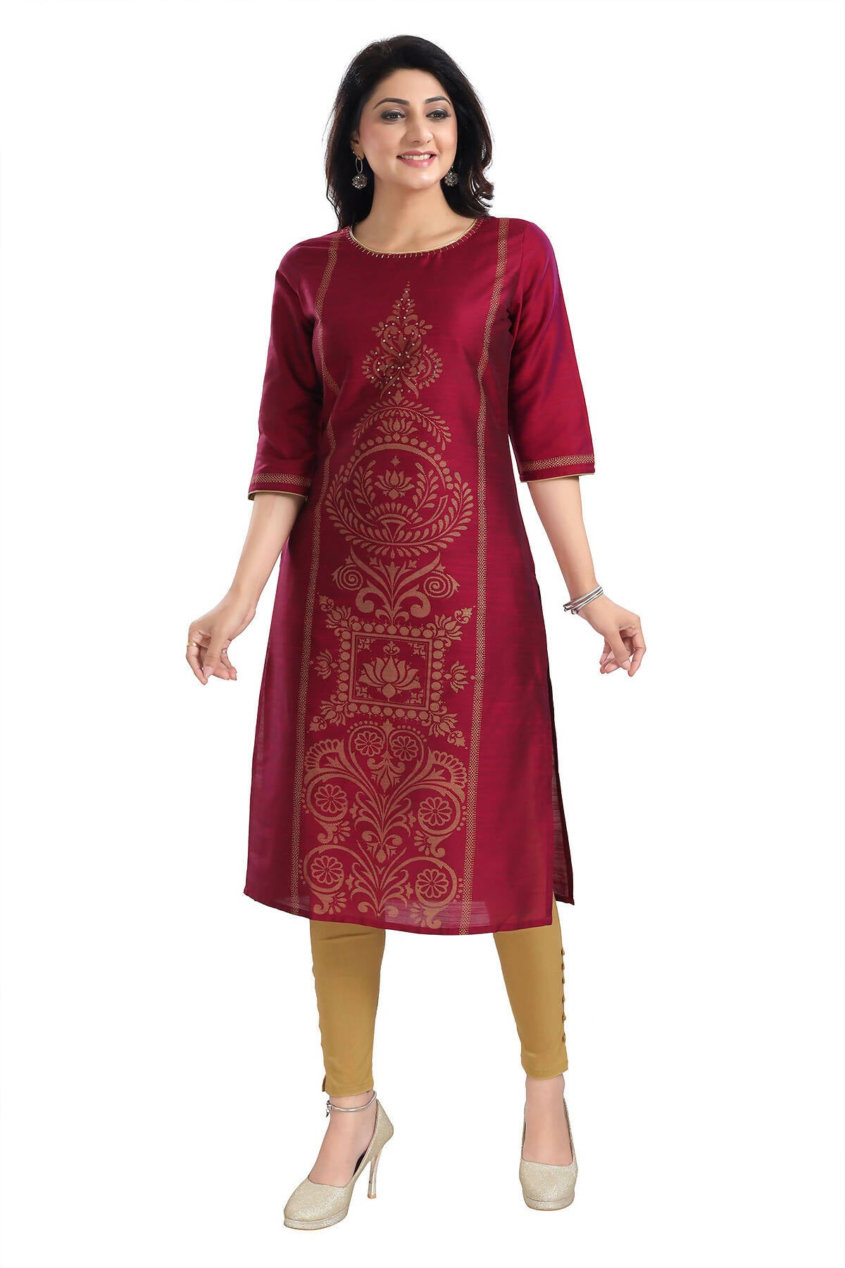 Snehal Creations Majenta Raw Silk Block Print Long Kurta For Women