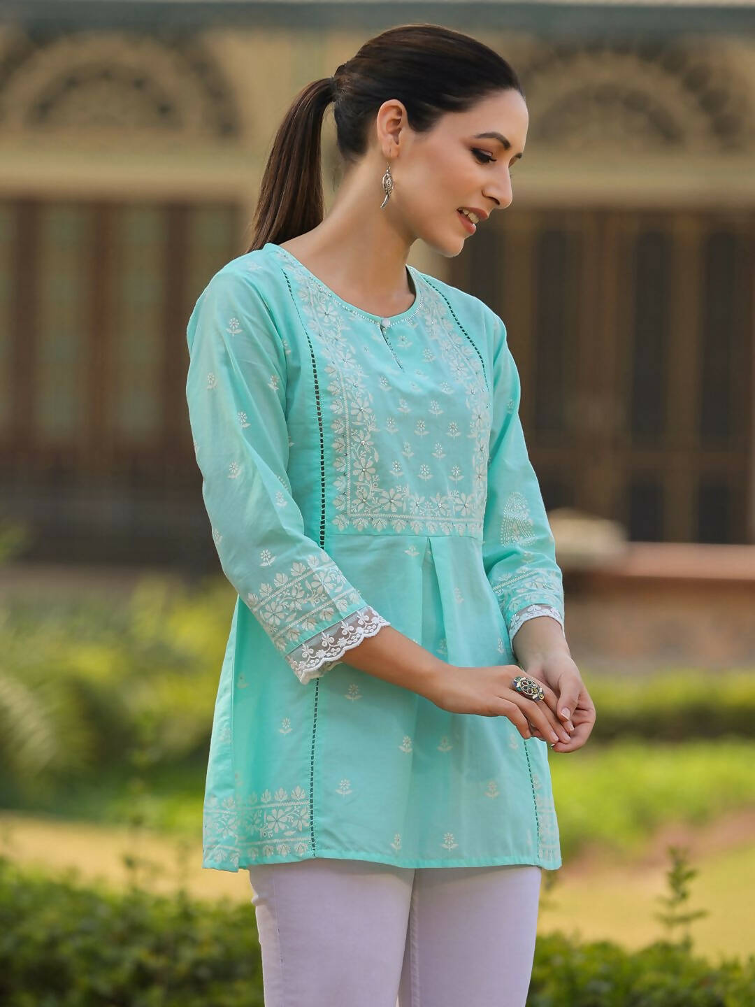 Juniper Women's Aqua Cambric Floral Printed Tunic