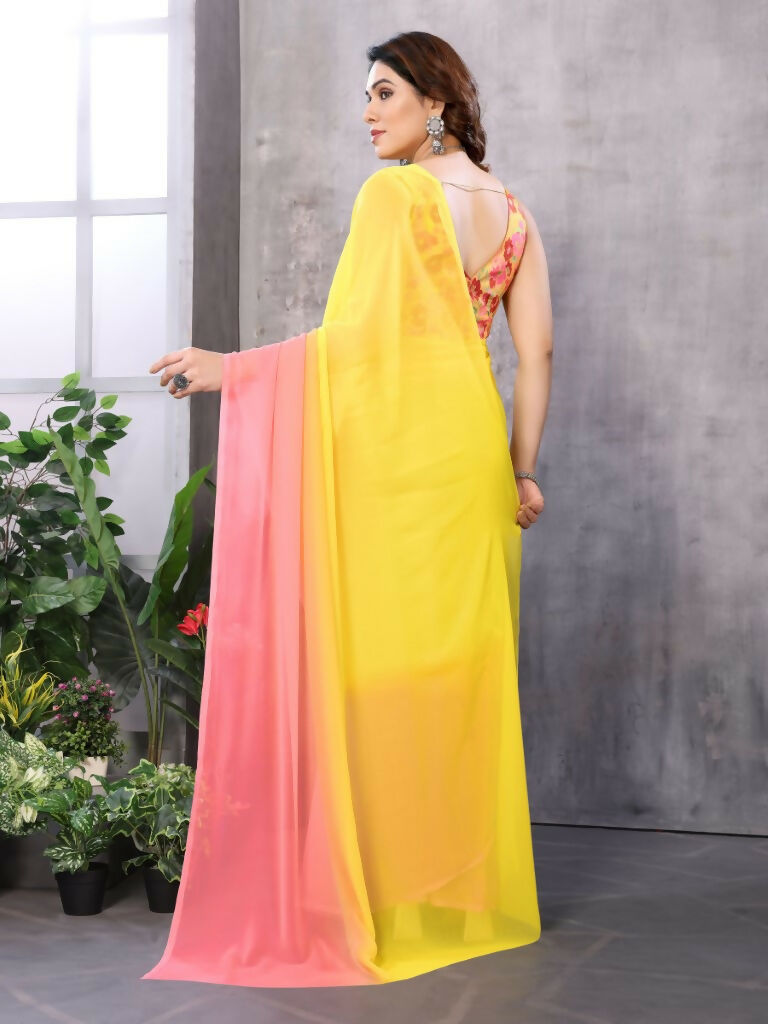 Partywear Designer Yellow & Pink Georgette Fancy Saree - Satrangi