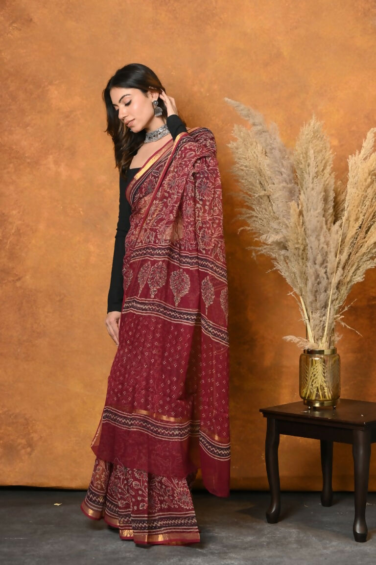 Very Much Indian Pure Kota Cotton Handblock Printed Saree - Red