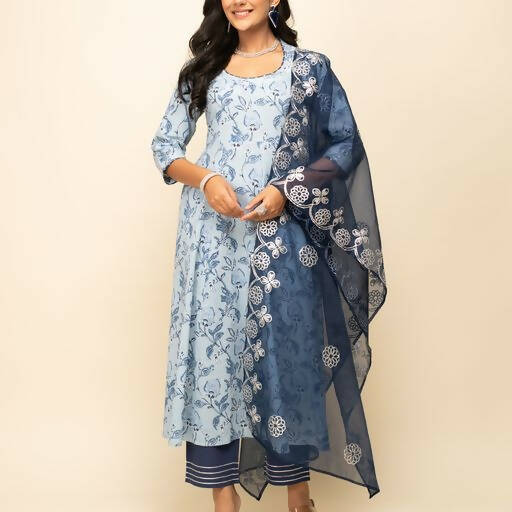 FIORRA Women's Light Blue Cotton Flared Kurta Pant with Dupatta