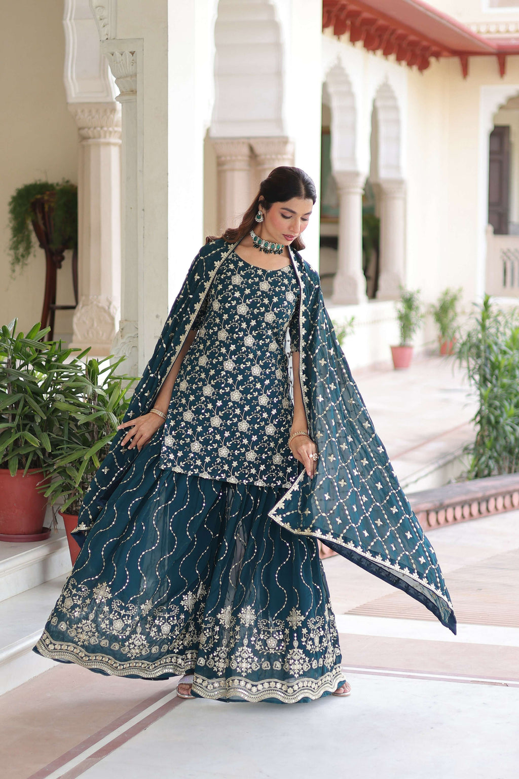 Joban Fashion Rama Green Readymade Kurta Set With Sequence embroidery Work