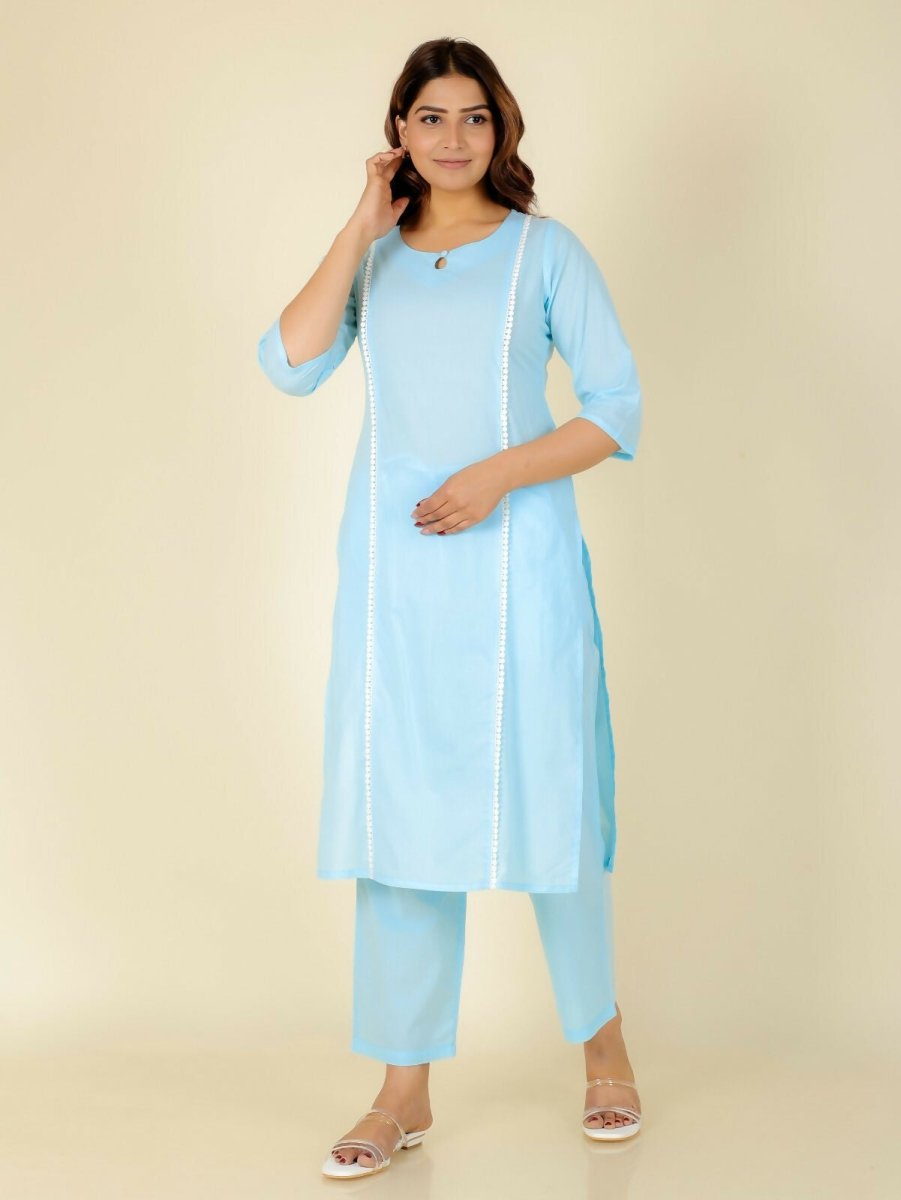 Aramya Blue Soft Cotton Solid Print Panelled Kurta Pant Set for Women