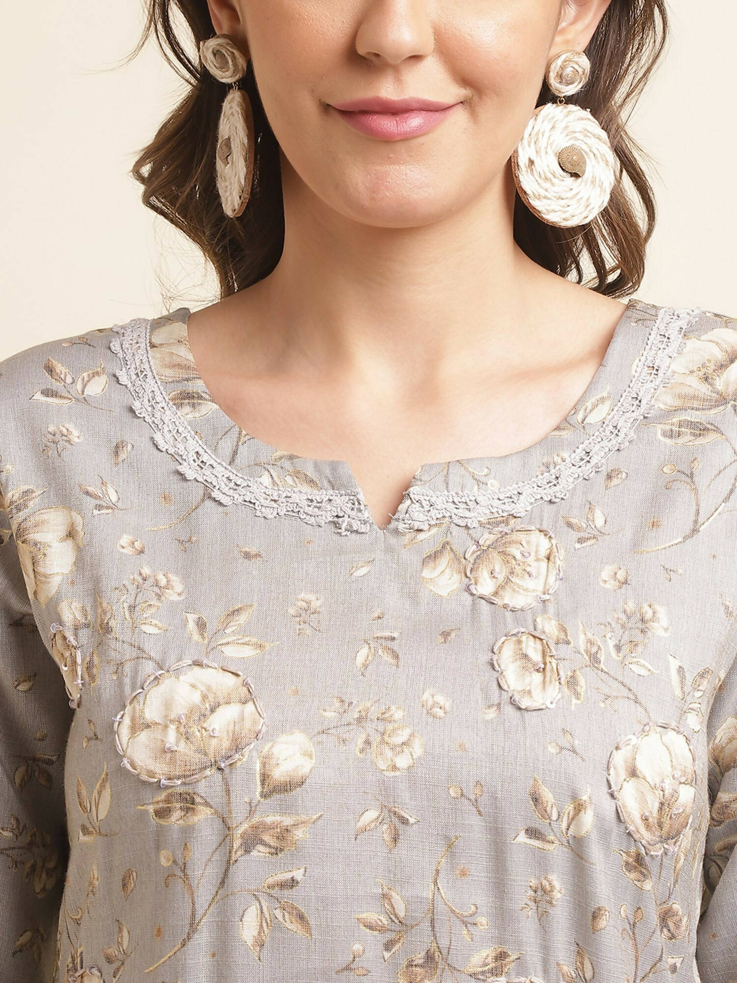 Grey Poly Rayon Floral Printed Straight Kurta - Prasuti