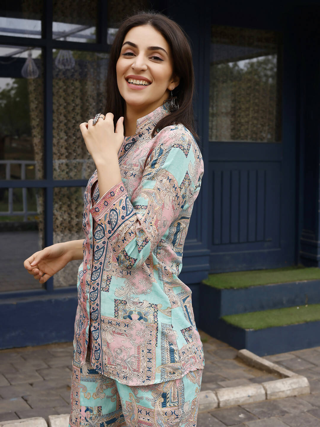 Pink & Blue Rayon Paisley Printed Top with Matching Bottom - Eesha
