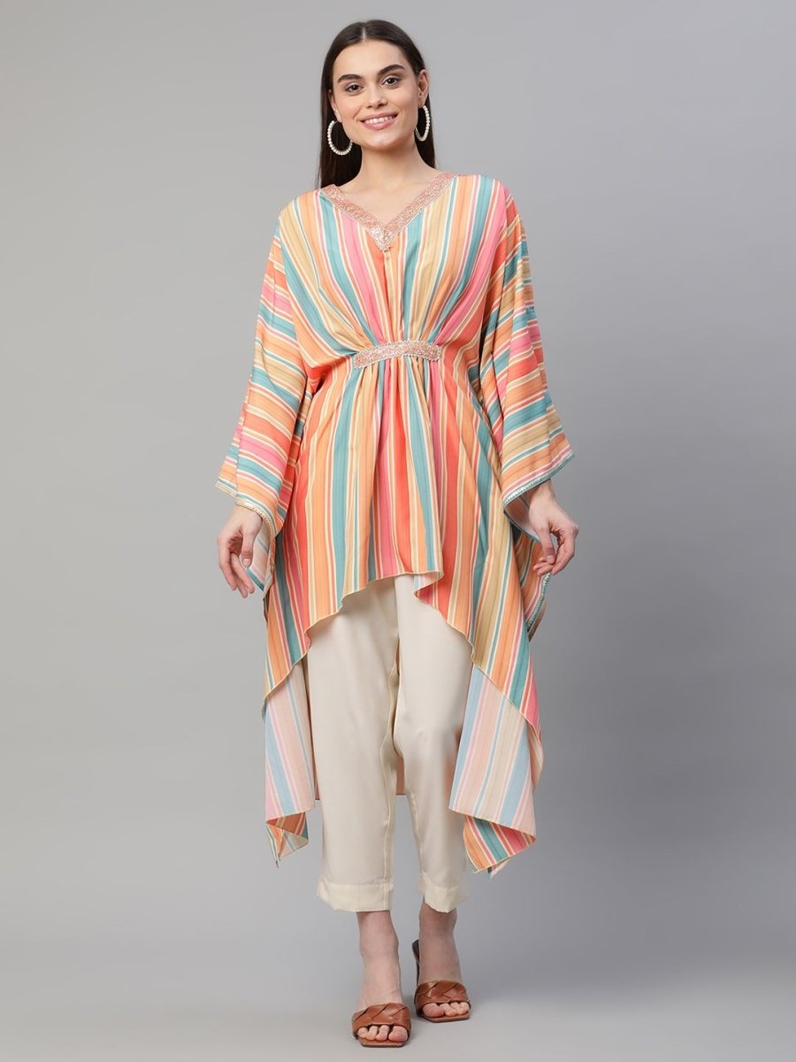 Ahalyaa Women Multi Color Crepe Striped Printed Kaftan Kurta With Trousers