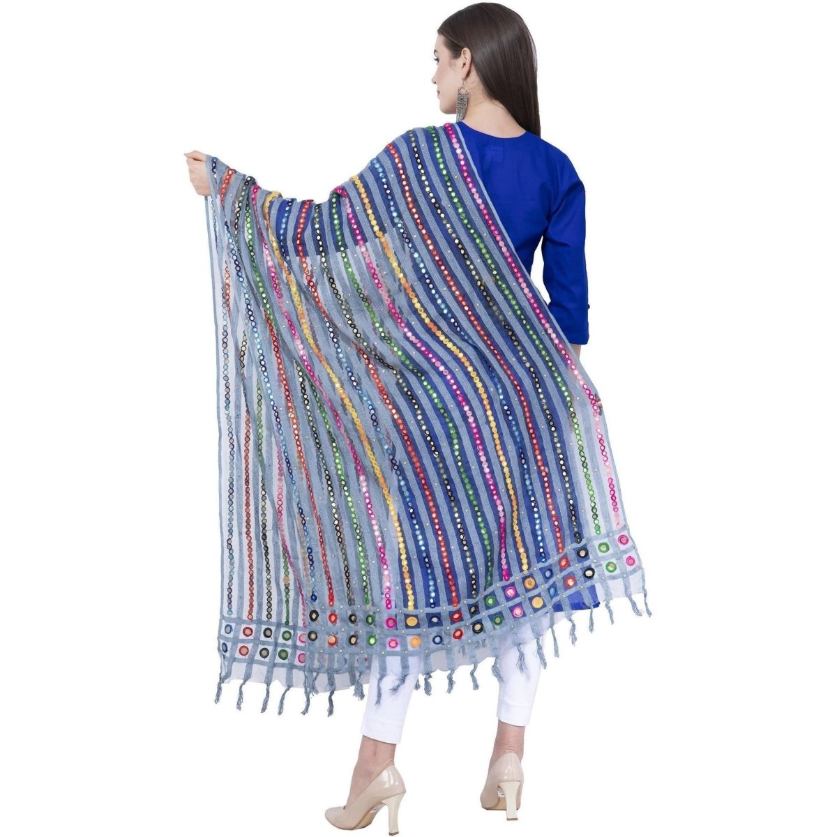 A R Silk Light Firozi Color Multi stripe Orgenza Cotton Dupattas and Chunnis
