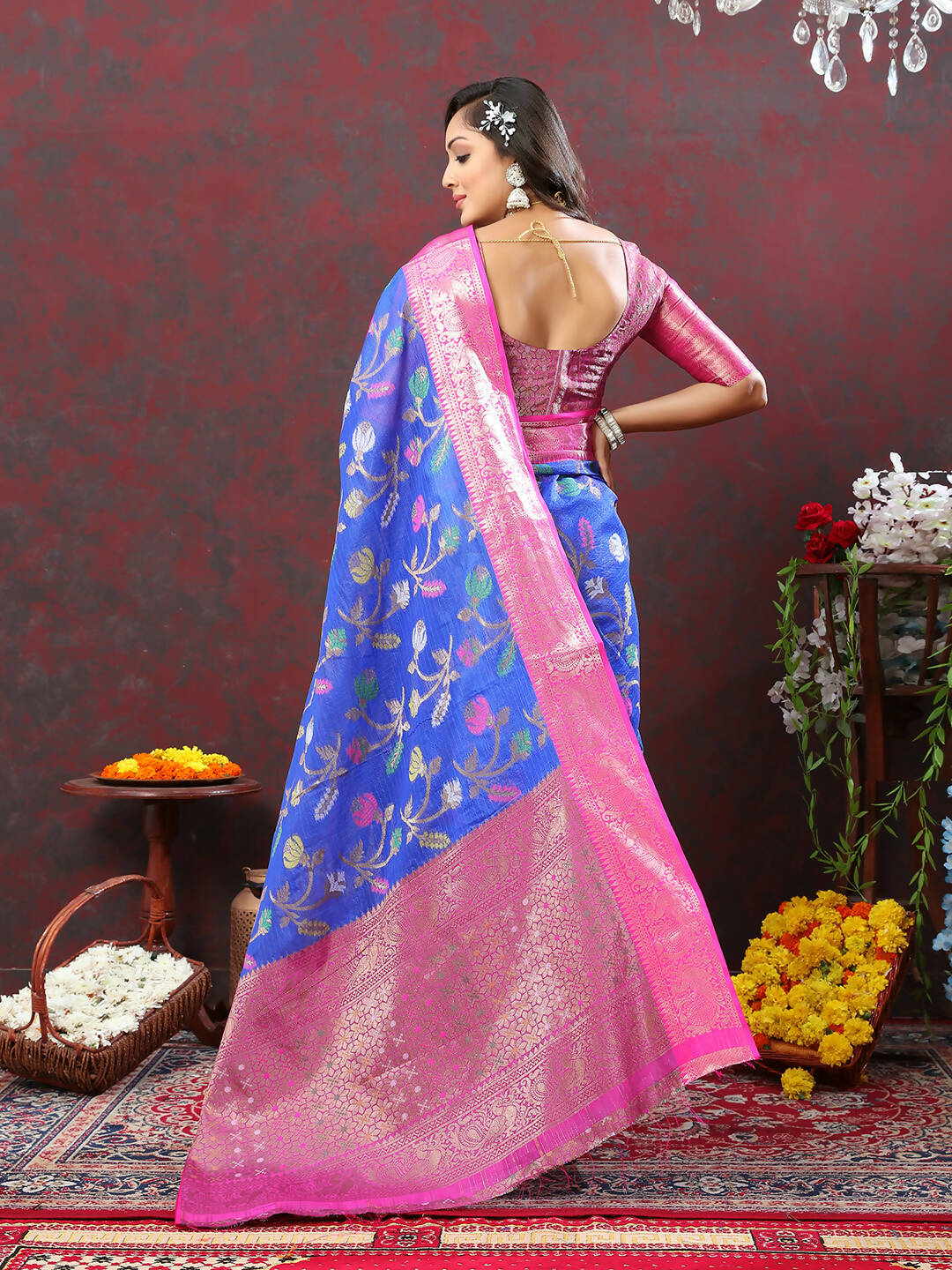 Lorenvalley Fashion Blue Cotton Woven Design Zari Meenakari Weaving Saree
