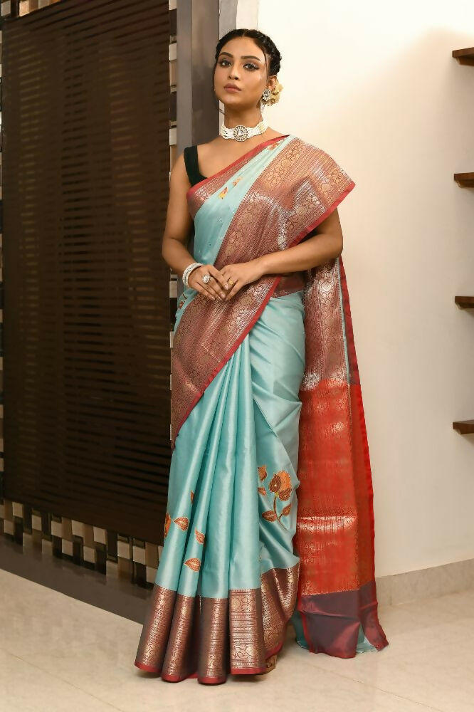 Joban Fashion CGren & Orange Saree Kataan Applick Witch Mirror