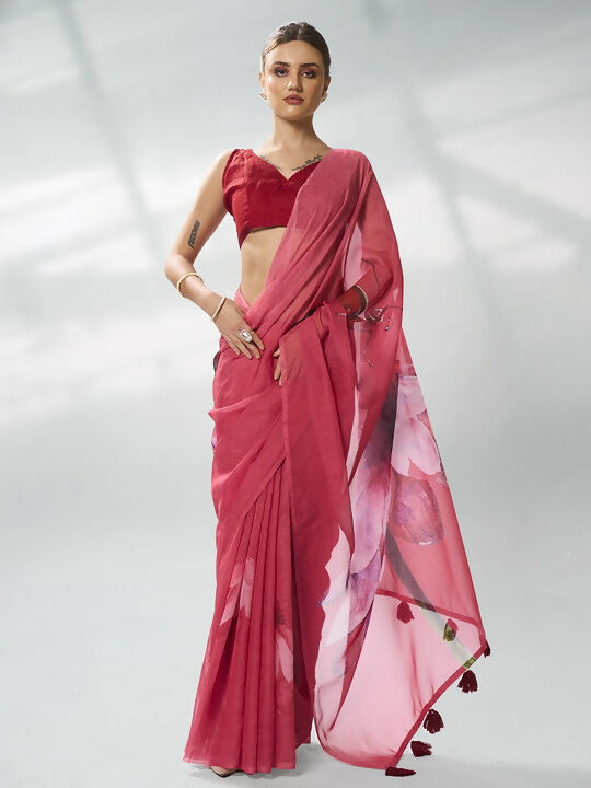 Burgundy Organza Designer Printed Saree - Shezlin