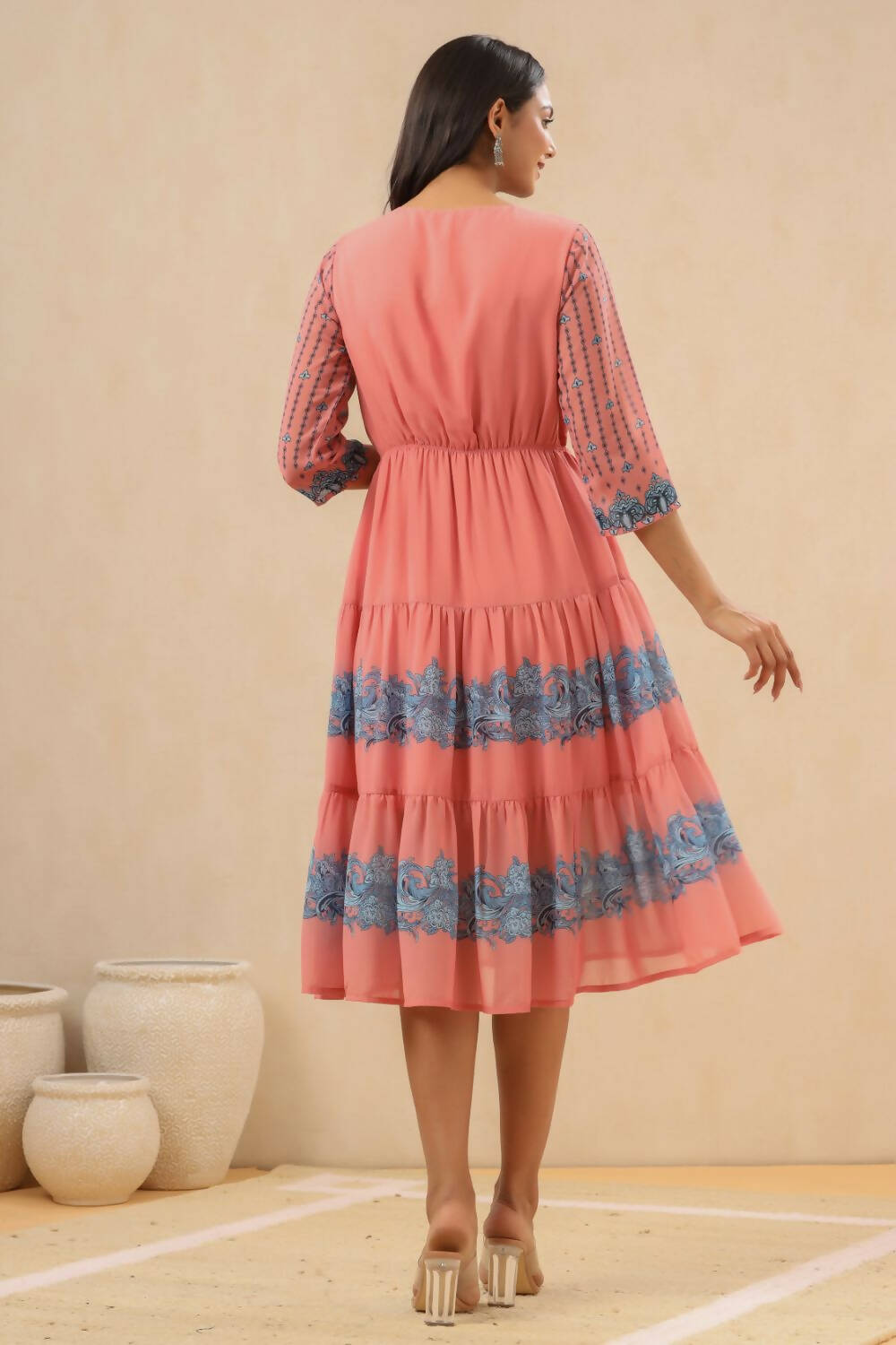 Juniper Womens Pink Georgette Printed Tiered Midi Dress