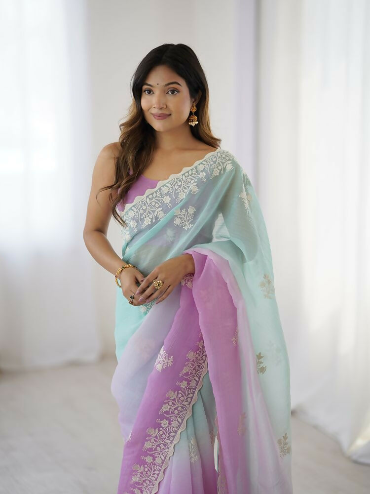 Purple Crunchy Silk Embroidery Work Party Wear Saree - Lakshita