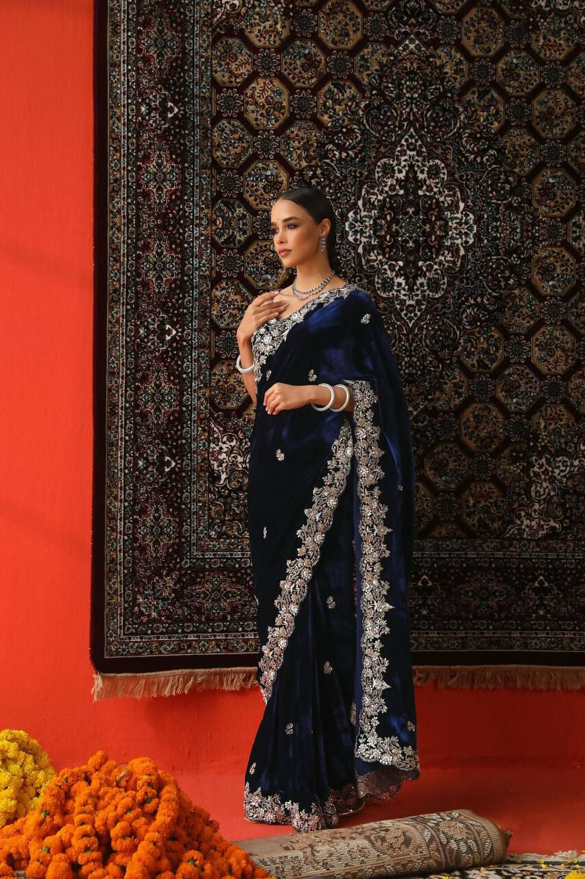 Vastranavya Designer Velvet Sequence & Zari Thread Embroidery work with border and Cutwork Saree - Navy Blue
