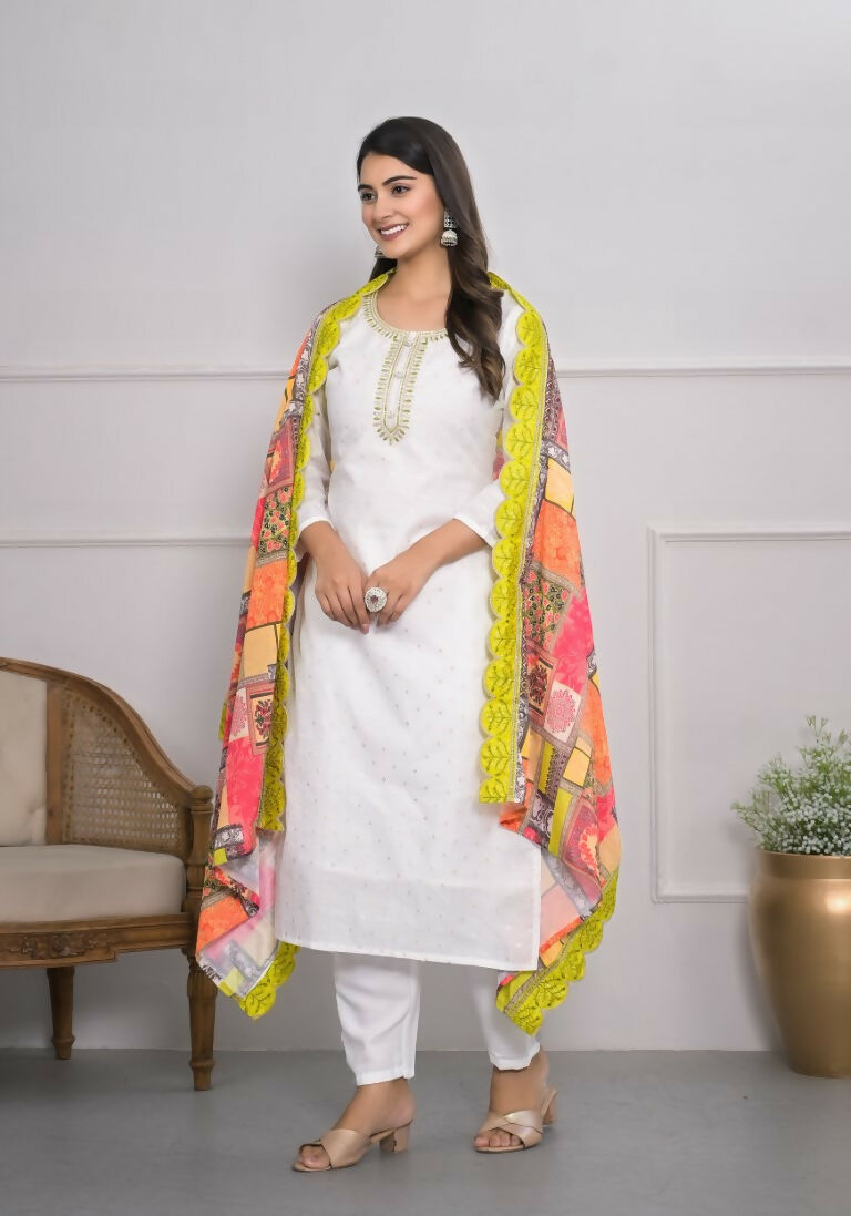 White Viscose Silk Embroidery with Thread and sequence Stitched Suit With Dupatta - Tanisha