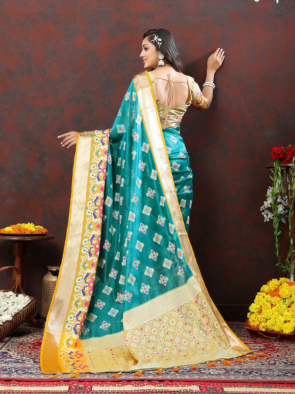 Lorenvalley Fashion Teal Organza Silk Woven Design with Meenakari Weaving Saree