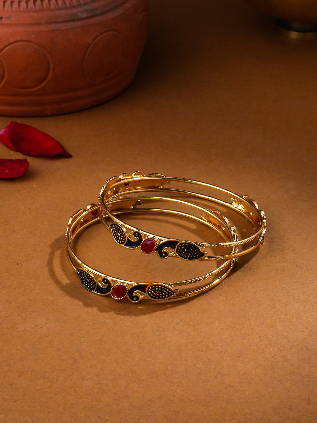 NVR Women Set of 2 Gold-Polished Traditional Daily Use Peacock Design Bangles