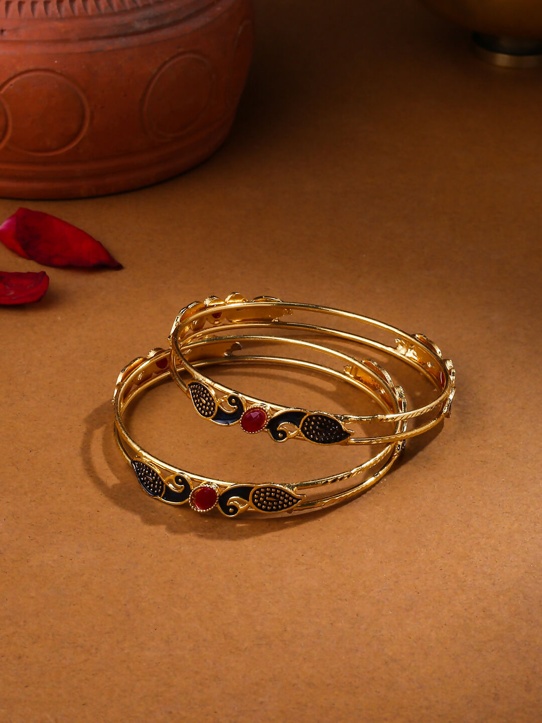 NVR Women Set of 2 Gold-Polished Traditional Daily Use Peacock Design Bangles