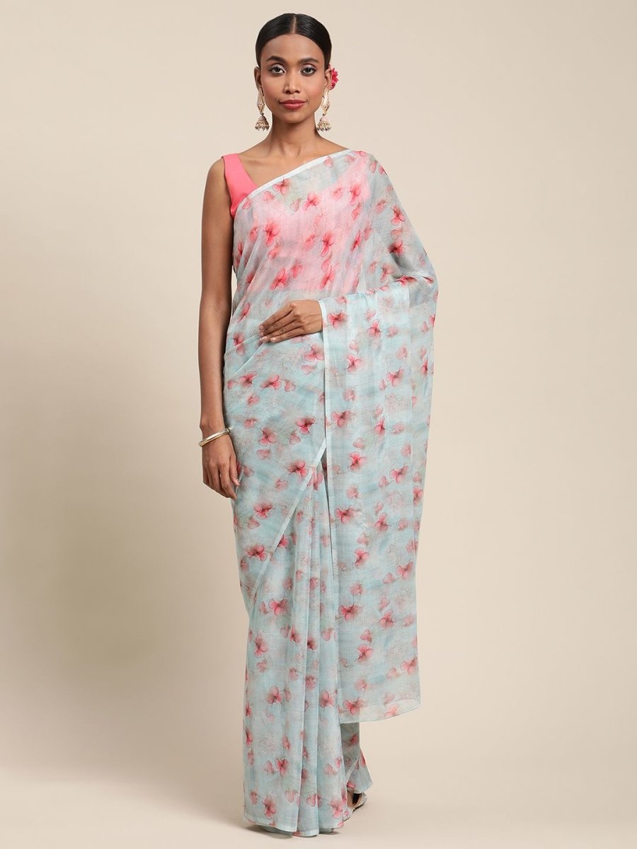 Ahalyaa Women's Summer Blue Chiffon Digital Print Floral Saree