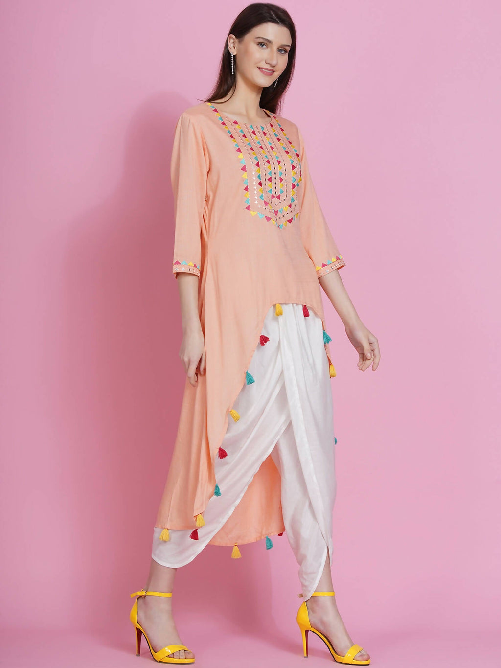 Women Republic Peach Rayon Embroidered Kurta With Mirror Work And Tulip Pants