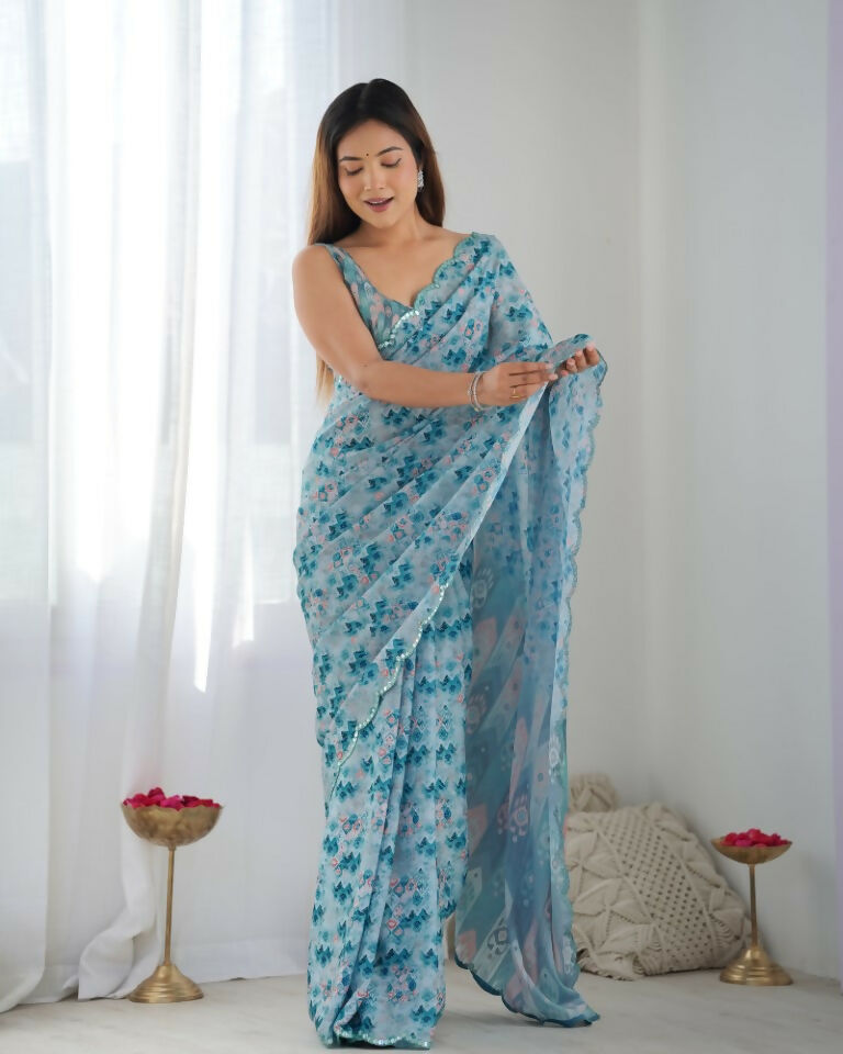Blue Chinon Designer Digital Printed & Mirror Cut Work Saree - Kriti