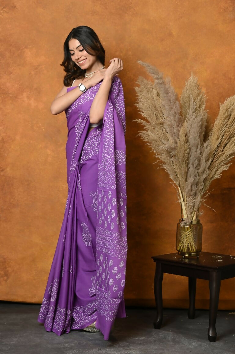 Very Much Indian Handblock Printed Cotton Saree With Natural Dyes - Purple