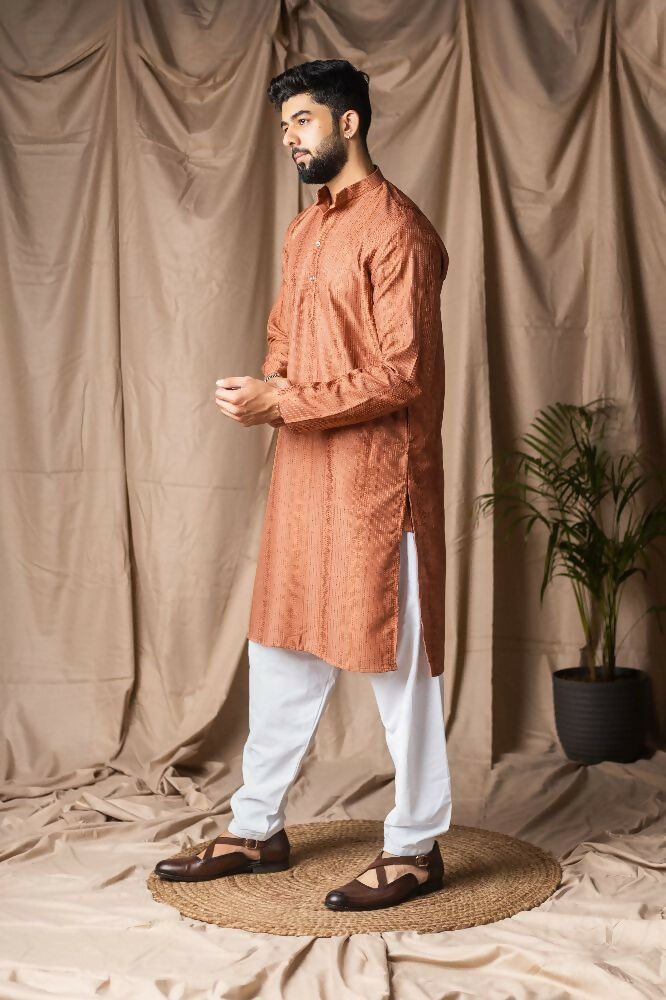 Reddish Orange Rayon Thread Embroidery Work Kurta Set - Mahotsav
