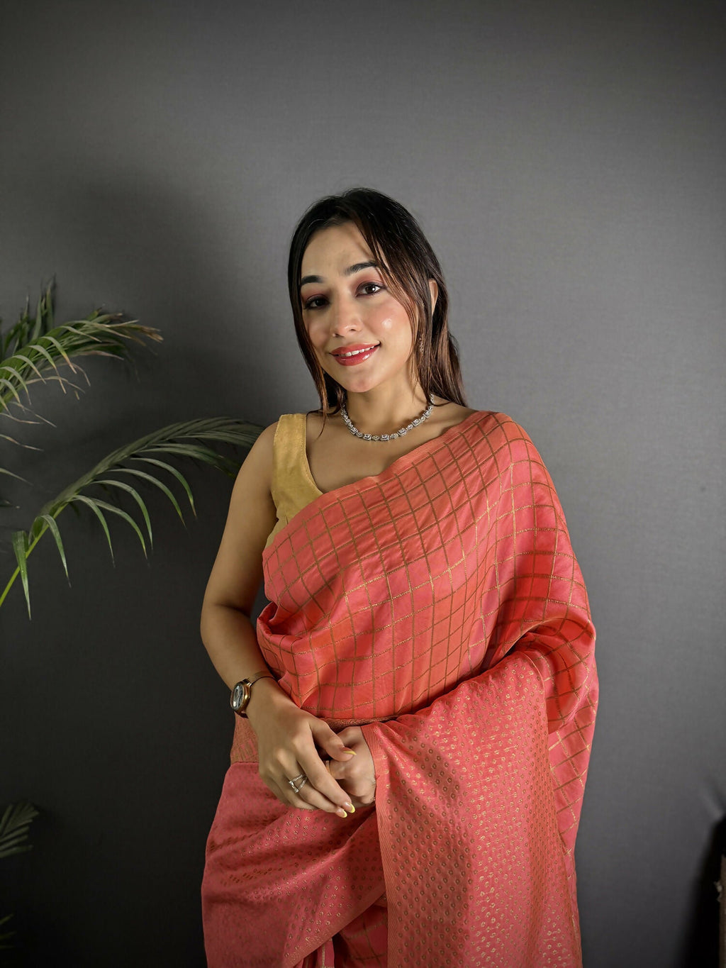 Joban Fashion Peach Banarasi Soft Lichi Silk Checks & Woven Saree